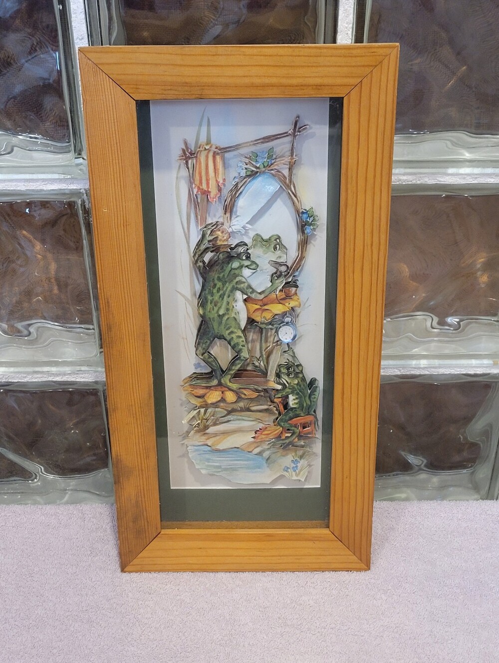Vintage 1970s Coby Lithograph Frog Print Wall Plaque Shadow Box Bathtime